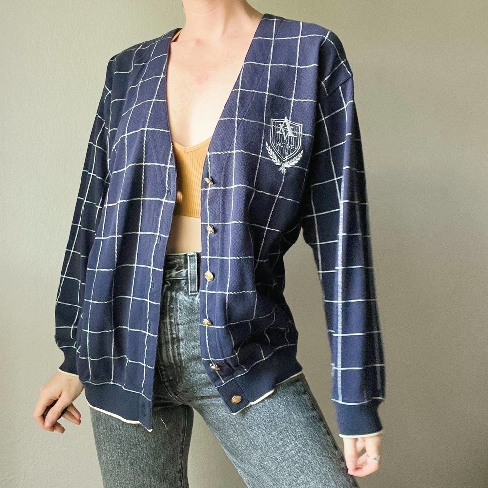 Vintage Adrienne Vittadini Sport Blue Checked Preppy Cardigan Sweater
